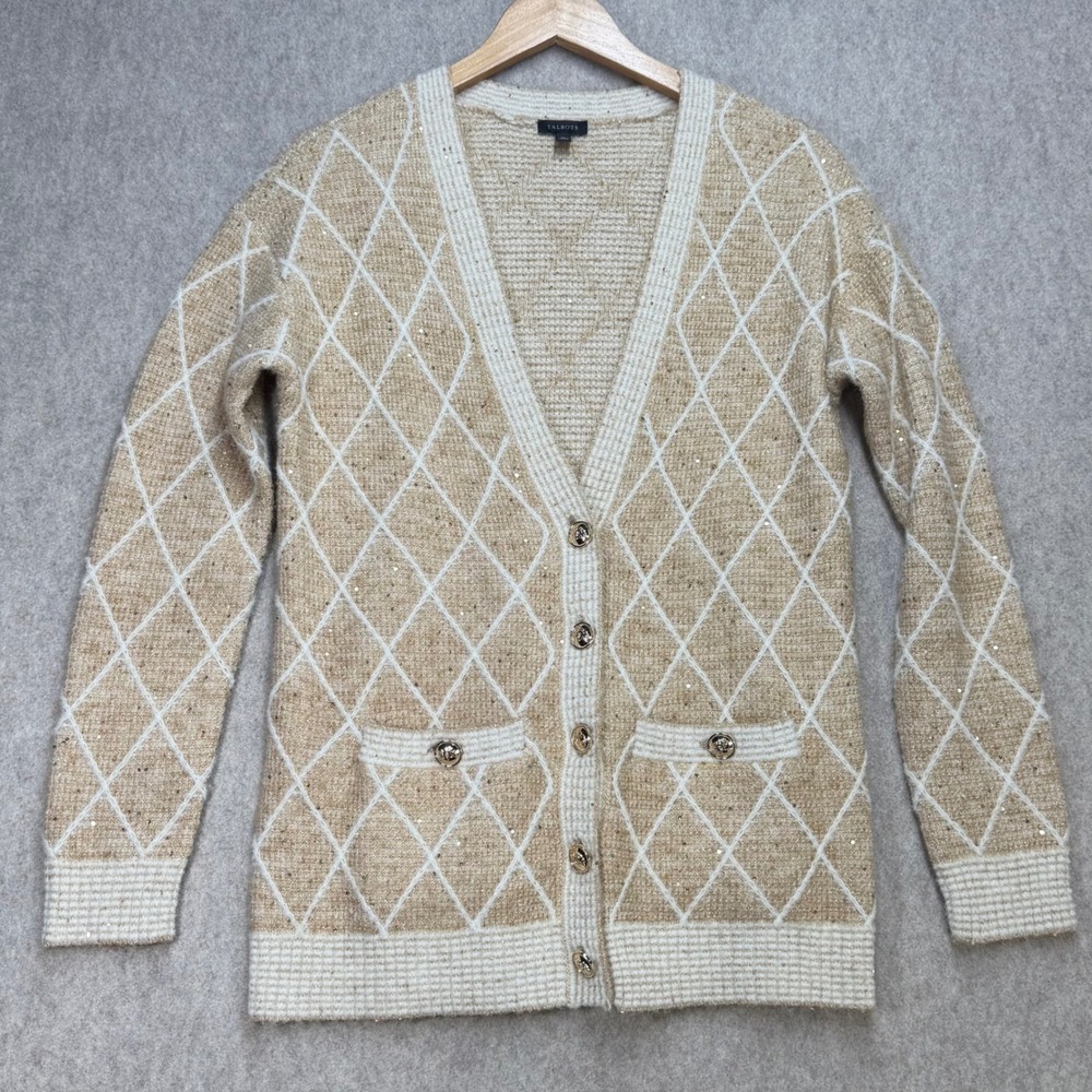 Talbots Argyle Sequin Cardigan Sweater Tan Cream Gold Button XS French Girl Chic